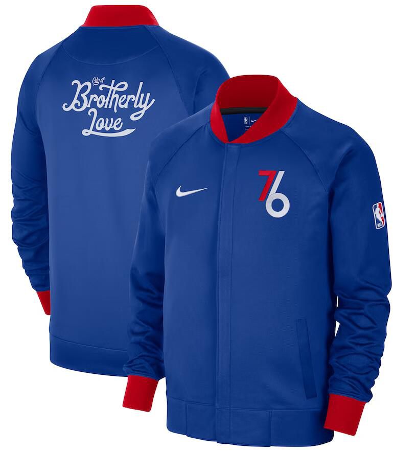 Men Philadelphia 76ers Blue Nike City Edition Full Zip Jacket 2023 NBA Jersey->golden state warriors->NBA Jersey